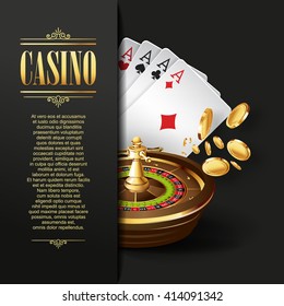 Casino background. Vector Poker illustration. Gambling template. Design with roulette wheel and  playing cards. Four aces. 