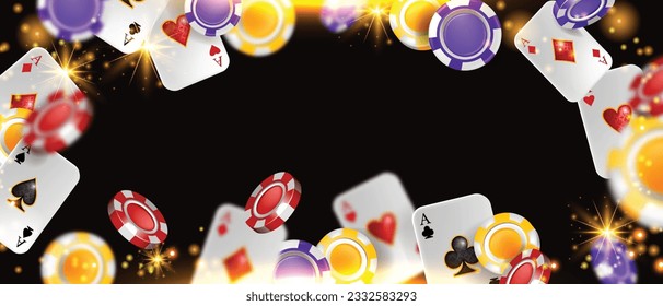 Fondo del casino, póquer vectorial VIP póquer afiche de juego, fichas voladoras, cartas de juego Banner Vegas. Chasis en línea con suerte marco, ilustración de juegos de éxito. Fondo de lujo del casino de entretenimiento