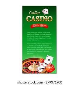 Casino background. Vertical banner, flyer, brochure on a casino theme with roulette wheel, game cards and dice. Vector illustration 