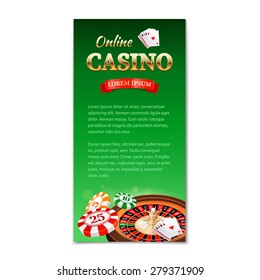 Casino background. Vertical banner, flyer, brochure on a casino theme with roulette wheel, game cards and chips. Vector illustration 