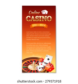 Casino background. Vertical banner, flyer, brochure on a casino theme with roulette wheel, game cards and dice. Vector illustration 