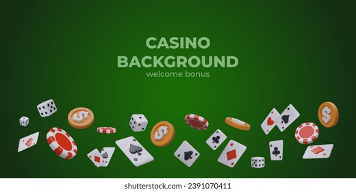 Casino background, welcome bonus. Horizontal green banner with gaming attributes. Playing dice, poker chips, cards. Place for title, inscription, advertising text. Header color template