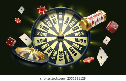 Casino-Hintergrund. Glücksrad, Roulette-Rad, Spielchips, Würfel, Poker-Karten . Symbol des Glücks beim Gewinn des Jackpots. Vektorgrafik des Glücksspiels.