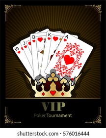 Casino background.Vip.Vintage style and Poker Tournament label. Royal flush. Texas holdem.