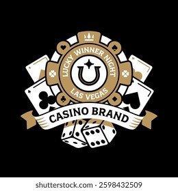 Casino badge logo design with chip cards and dice icons. Detailed gambling illustrations. replaceable text.