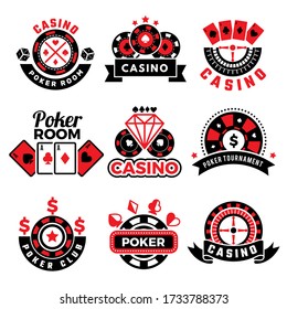 Casino badges. Gambling poker game chips dice images cards vector emblems set