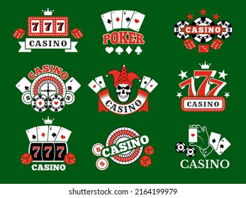 Casino badges. Poker cards and gambling game symbols stylized emblems with place for text coins icons recent vector templates
