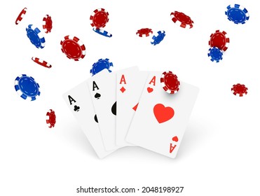 Casino banner or 3d design element. Fallinf poker chips and playing cards. Vector illustration isolated on white background