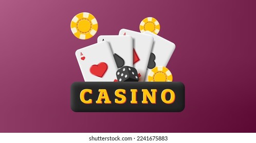 Casino banner 3d label with cards aces, chips and dice, render composition