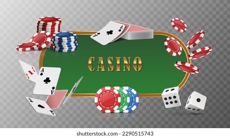 Casino banner with 3d realistic icons, chips and axes with dice.