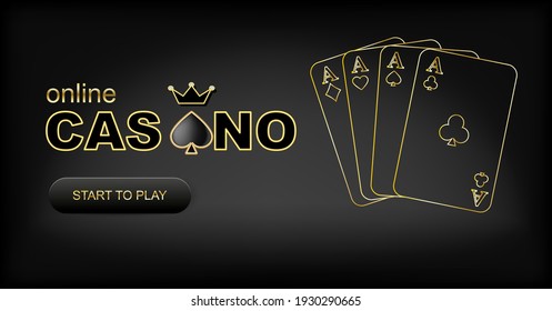 Casino banner. 4 aces, the sign of the suit of spades and a crown on a black background. Vector illustration for casino apps and websites