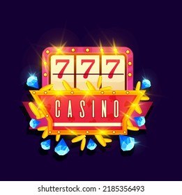 Casino banner, 777 jackpot with gold coins and diamonds, vector gambling game signboard. Online casino and Vegas slot machine lucky win cartoon signboard with retro neon lights, 777 jackpot sign