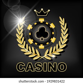 Casino Banner. Black And Gold Casino Chip, Crown And Laurel Wreath On A Black Background. Vector Illustration For Casino Apps And Websites