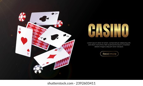 Casino banner with cards. Landing page design. Poker cards and chips. Games for luck. Aces of crosses, diamonds, hearts and spades. Cover or banner. Cartoon flat vector illustration