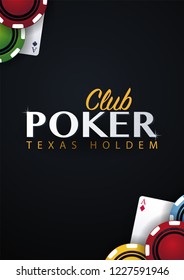 Casino banner with casino chips and cards. Poker club texas holdem. Vector illustration