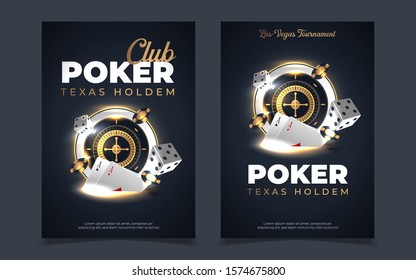 Casino banner with casino chips and cards. Poker club texas holdem. Vector illustration