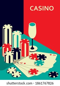 Casino banner. Chips, drink and ace cards. Vector illustration