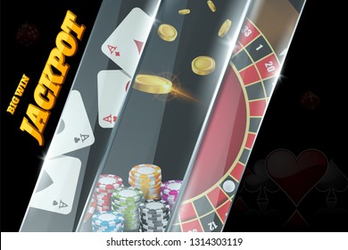 Casino banner design with roulette, poker chips, playing cards. Jackpot sign decoration on poster