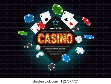 Casino banner with dice, cards and falling chips. Vector illustration.