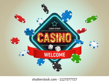 Casino banner with dice, falling chips and red ribbon. Vector illustration.