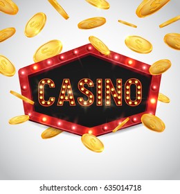 Casino banner with falling gold coins and shining retro billboard. Casino poster vintage style. Vector illustration.