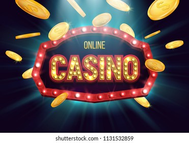 Casino banner with gold coins and shining retro billboard. Casino poster vintage style. Vector illustration.