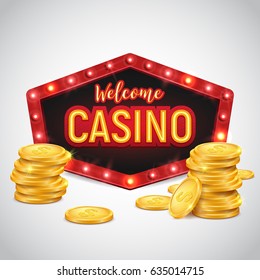 Casino banner with gold coins and shining retro billboard. Casino poster vintage style. Vector illustration.