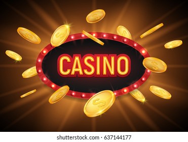 Casino banner with gold coins and shining retro billboard. Casino poster vintage style. Vector illustration.