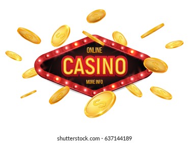 Casino banner with gold coins and shining retro billboard. Casino poster vintage style. Vector illustration.