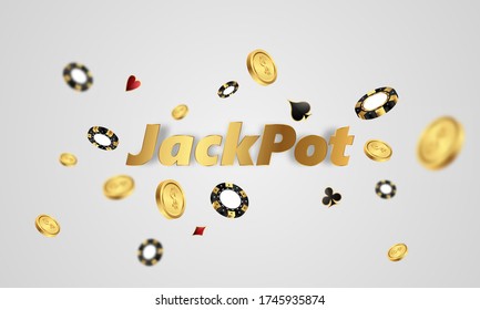 Casino banner jackpot design decorated with golden glittering playing prize sign coins.