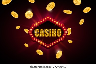 Casino banner with light bulbs and falling gold coins, abstract background