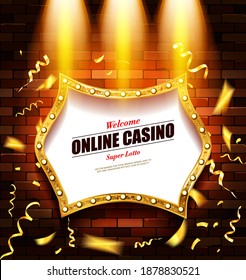 Casino banner on a shining retro billboard. Casino poster vintage style. Against a brick wall. Vector illustration.