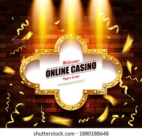 Casino banner on a shining retro billboard. Casino poster vintage style. Against a brick wall. Vector illustration.
