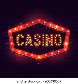 Casino Banner On A Shining Retro Billboard. Casino Poster Vintage Style. Vector Illustration.