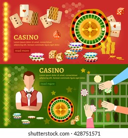 Casino banner poker game playing cards roulette gaming house croupier players casino elements vector illustration 