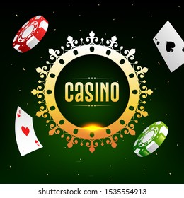 Casino banner or poster design with casino chips and aces card decorated on green background.