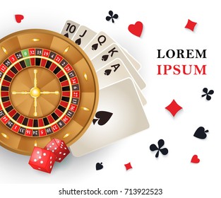 Casino banner, poster design with roulette wheel, playing cards, dices and place for text, vector illustration. Casino, gambling banner, poster, postcard design with roulette, playing cards and dices