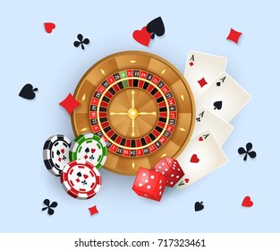 Casino banner, poster design with roulette wheel, chips, tokens, playing cards, dices and suits, vector illustration. Casino, gambling chips roulette cards and golden coins, banner, poster design