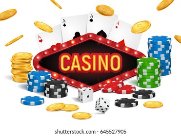 Casino banner with a retro billboard, chips, falling coins, cards and dice. Vector illustration.