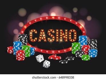 Casino banner with a retro billboard, chips and dice. Vector illustration.