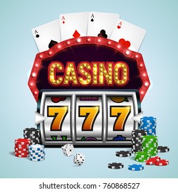 Casino banner with a retro billboard, chips, dice, cards and slot machine. Vector illustration.