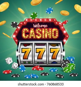 Casino banner with a retro billboard, chips, dice, slot machine and falling coins. Vector illustration.