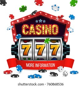 Casino banner with a retro billboard, chips, dice and slot machine. Vector illustration.