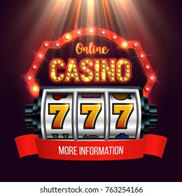 Casino banner with a retro billboard, slot machines and red ribbon. Vector illustration.