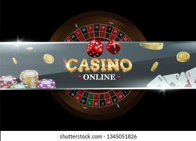 Casino banner with roulette, dice, poker chips, playing cards. Concept on black background. Poker vector illustration for website or mobile apps