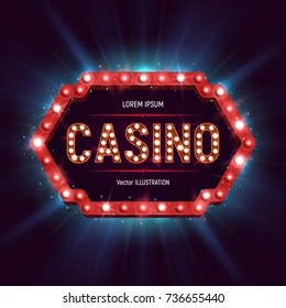 Casino banner with shining retro billboard. Casino poster vintage style. Vector illustration.