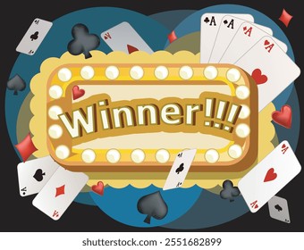 casino banner with sign "winner", welcome game win jackpot, poker, card suits, cards and money. Falling cards and coins. Gambling design on dark background with sparkles