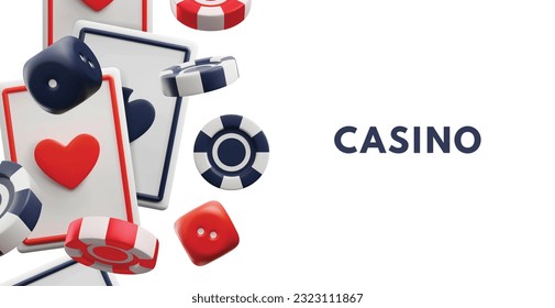 Casino banner with space for text and 3d elements, vector illustration on white background. Realistic black and red tokens or chips, dice and playing cards. Gambling concept.