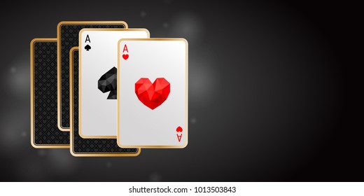 Casino banner with two aces in five playing cards. One pair. Winning poker hand on black shiny background