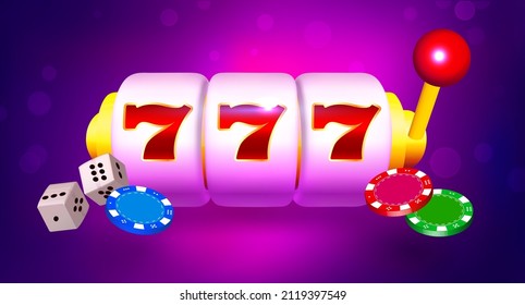 Casino banner vector illustration. Slot machine, dice, coins, chips on dark red and purple background